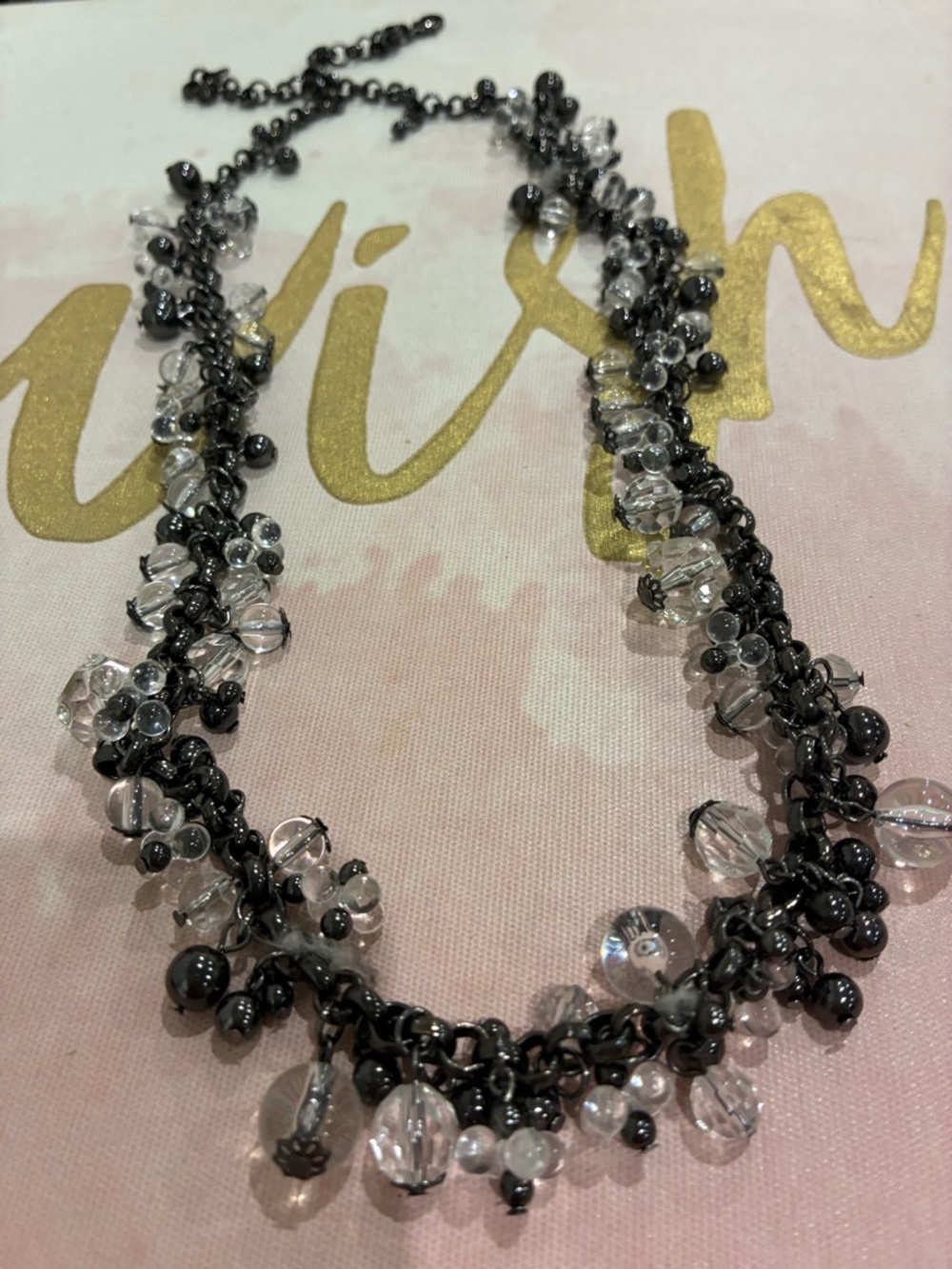 Delicate Hematite & Clear Glass Like Bead Cluster Necklace